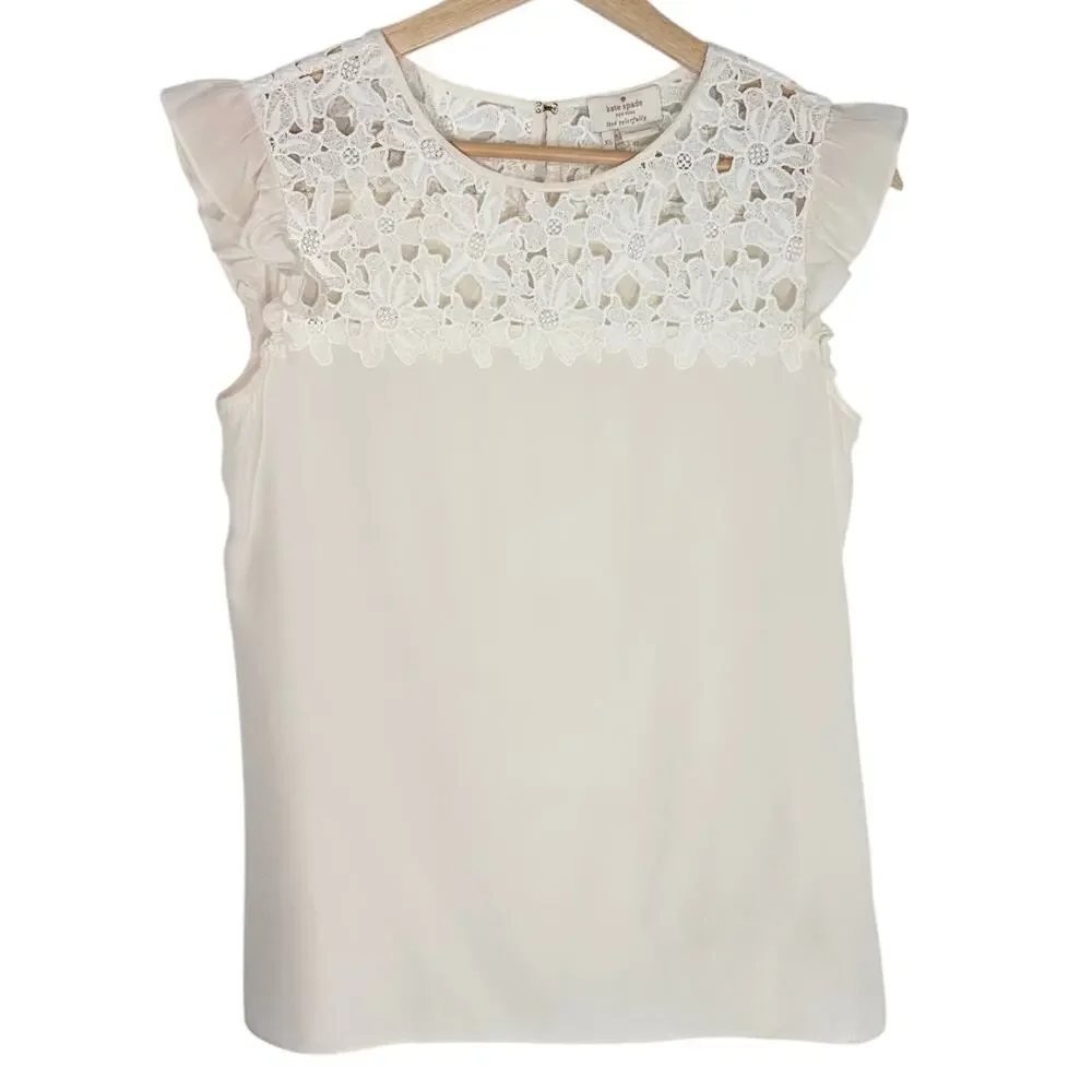 Kate Spade Silk Sleeveless Ruffle Floral Lace Top | Cream | SZ XS